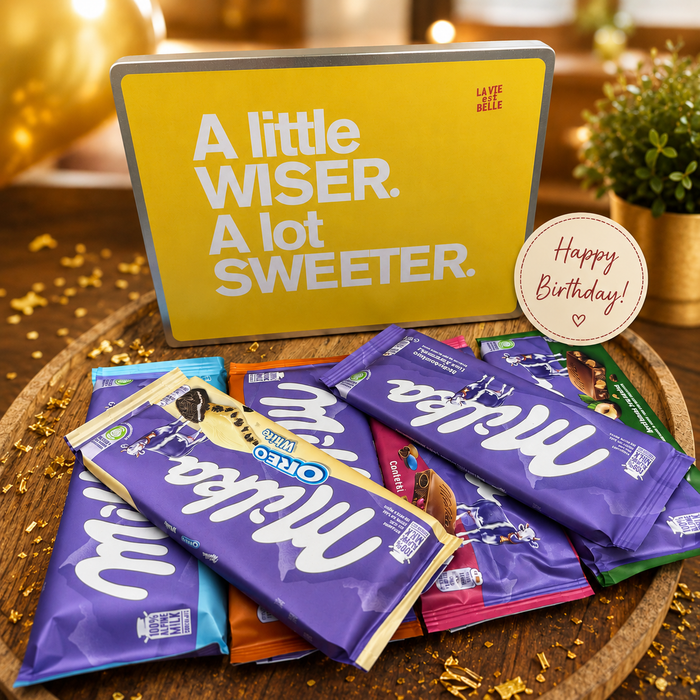 Bedrukt verjaardagsblik met Milka voor La Vie Est Belle
