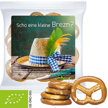 Biologische minipretzels (7 gram) in zakje met sticker