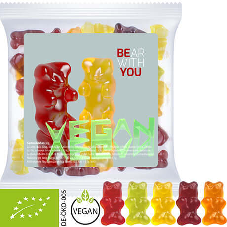 Biologische gummibeertjes zonder gelatine (30 gram) in zakje met sticker