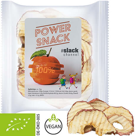 Biologische appelchips in zakje met logo (15 gram)