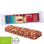 Biologische mueslireep meergranen framboos ca. 30g in Express flowpack met bedrukte sticker