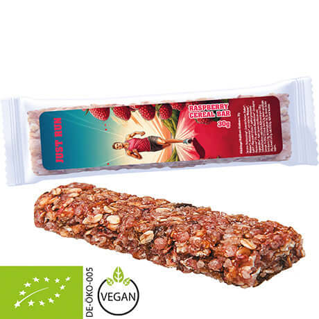 Biologische mueslireep meergranen framboos ca. 30g in Express flowpack met bedrukte sticker