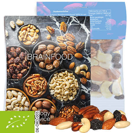 Biologische studentenhaver in zakje met logo (15 tot 50 gram)