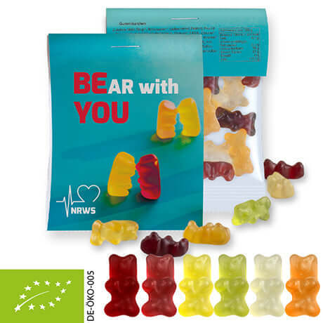 Biologische gummibeertjes (15 gram) in zakje met topkaart
