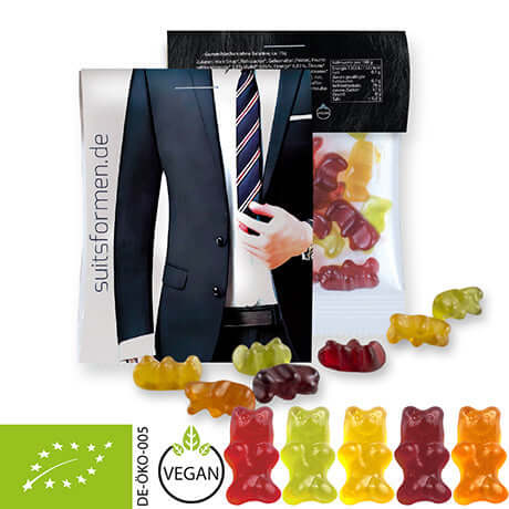 Biologische gummibeertjes zonder gelatine (15 gram) in zakje met topkaart