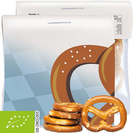 Biologische minipretzels (7 gram) in zakje met topkaart