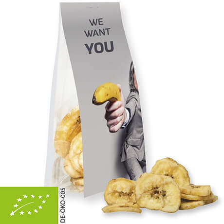 Biologische bananenchips (25 gram) in blokbodemzak met topkaart