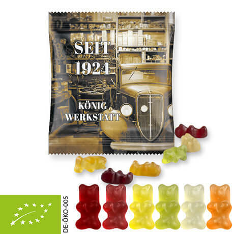 Biologische gummibeertjes (10 gram) in bedrukt zakje