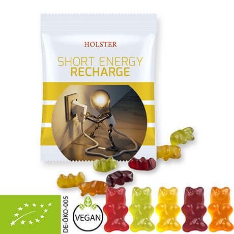 Biologische gummibeertjes zonder gelatine (10 gram) in bedrukt zakje