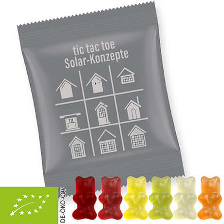 Biologische gummibeertjes (15 gram) in bedrukt zakje