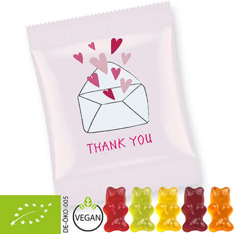 Biologische gummibeertjes zonder gelatine (15 gram) in bedrukt zakje