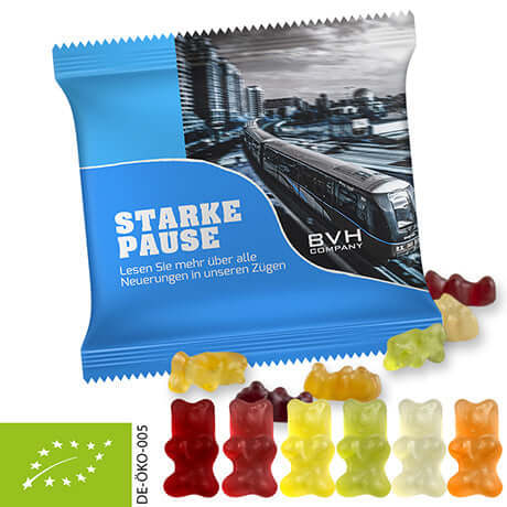 Biologische gummibeertjes (30 gram) in bedrukt zakje