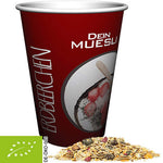 Bedrukte bio mueslireep aardbei ca. (ca. 50g) met persoonlijke sticker op aardbei muesli verpakking met bio-keurmerk