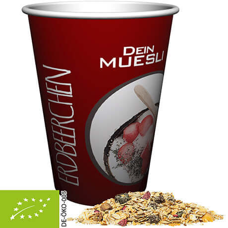 Bedrukte bio mueslireep aardbei ca. (ca. 50g) met persoonlijke sticker op aardbei muesli verpakking met bio-keurmerk