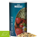 Bedrukte bio mueslireep aardbei in kartonnen doosje (ca. 150g) met persoonlijke sticker
