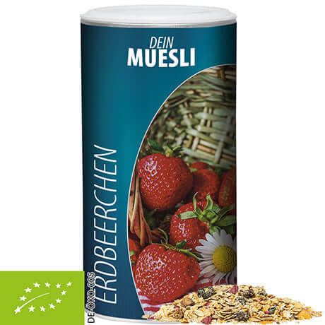 Bedrukte bio mueslireep aardbei in kartonnen doosje (ca. 150g) met persoonlijke sticker