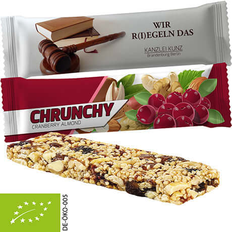 Biologische mueslireep cranberry-amandel (25 g) in volledig bedrukte flowpack