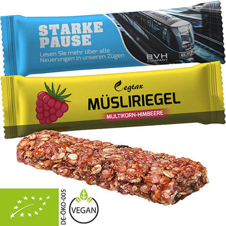 Biologische mueslireep meergranen framboos ca. 30g in flowpack met bedrukte sticker