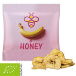 Biologische bananenchips (20 gram) in bedrukt zakje