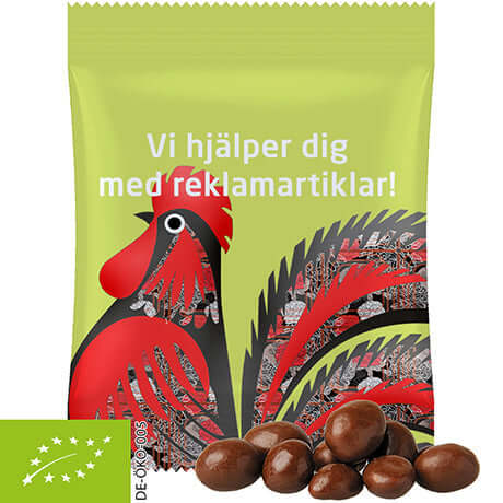 Biologische chocoladepinda's (15 gram) in bedrukt zakje