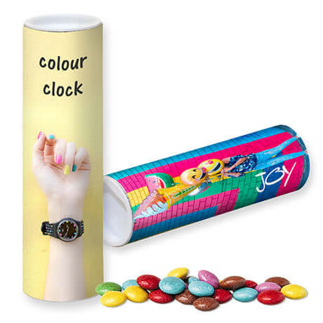 Gekleurde chocoladelinzen (35 gram) in kartonnen rol