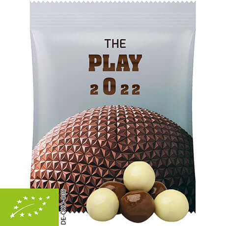 Bedrukte biologische Crunch Choco's, ca. 12g, in midi-zakje met eigen logo — promotioneel snoepje