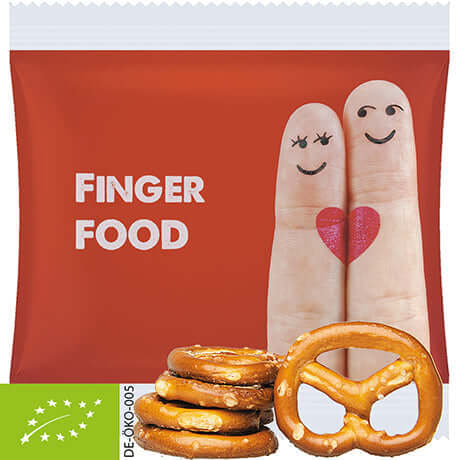 Biologische minipretzels (7 gram) in bedrukt zakje