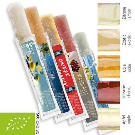 Biologisch waterijs in vijf smaken (30 ml) in verpakking met sticker