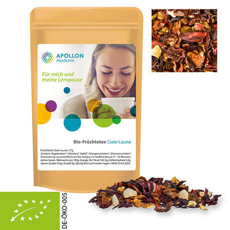 Bruine stazak met etiket met biologische vruchtenthee goed humeur (17 gram)