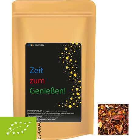 Bruine stazak met etiket met biologische vruchtenthee goed humeur (50 gram)