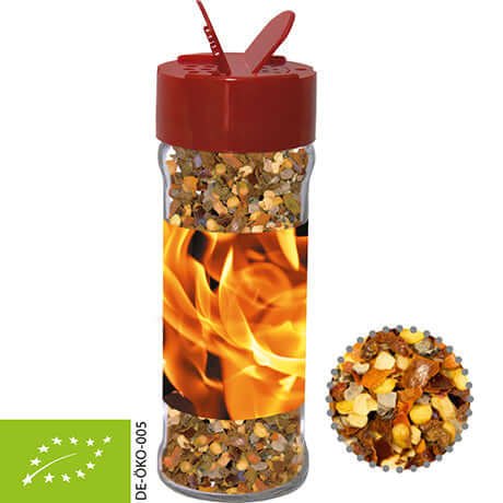 Glazen strooipotje met biologische kruidenmix vuur en vlam (45 gram)