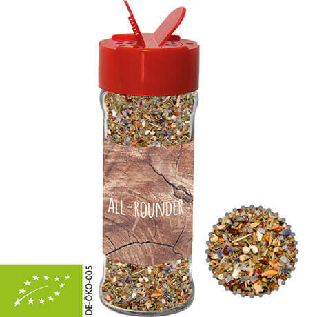 Glazen strooipotje met biologische kruidenmix alleskunner (50 gram)