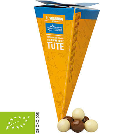 Bedrukte biologische Crunch Choco's, ca. 20g, in kadopyramide met eigen logo — promotioneel cadeau