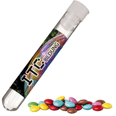 Gekleurde chocoladelinzen (10 gram) in reageerbuisje