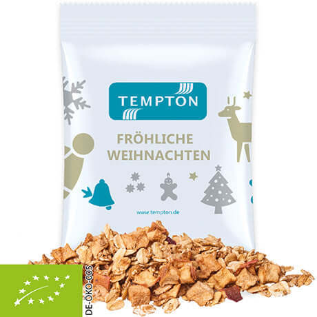 Biologische knapperige mueslireep appel-kaneel ca. 60g in bedrukt zakje, kerstdesign