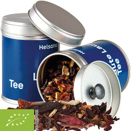 Winterthee in metalen blik met logo (midi, 50 tot 70 gram)