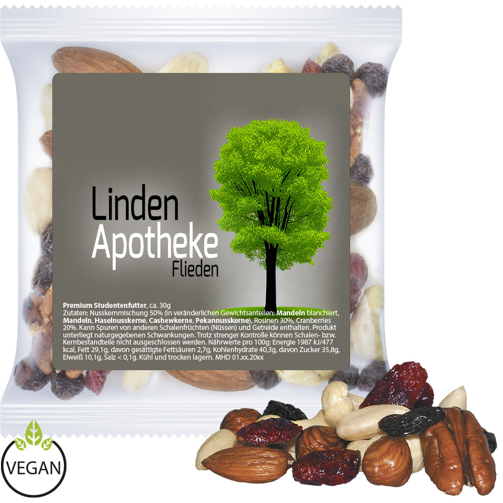 Premium Studentenfutter, ca. 30g, Express Maxi-Tüte mit Etikett bedrukken – promotionele snack