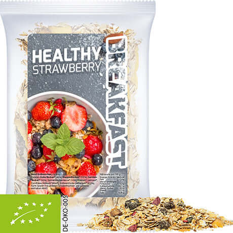 Bedrukte bio mueslireep aardbei in Express Maxi-zakje met etiket (ca. 50g)