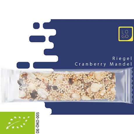 Biologische mueslireep cranberry-amandel (25 g) op bedrukte kaart