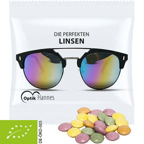Biologische gekleurde chocoladelinzen (7 gram) in bedrukt zakje