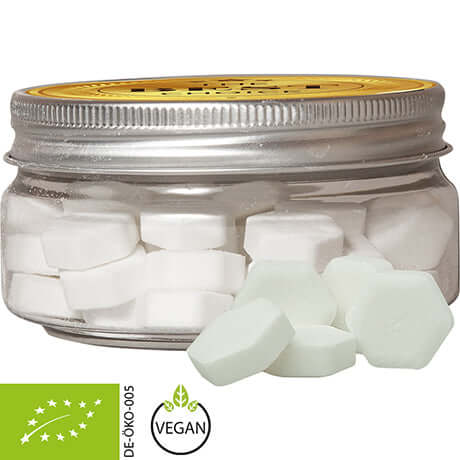 Biologische druivensuiker sinaasappel (60 gram) in snoeppotje met etiket