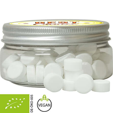 Biologische pepermuntjes (60 gram) in snoeppotje met etiket