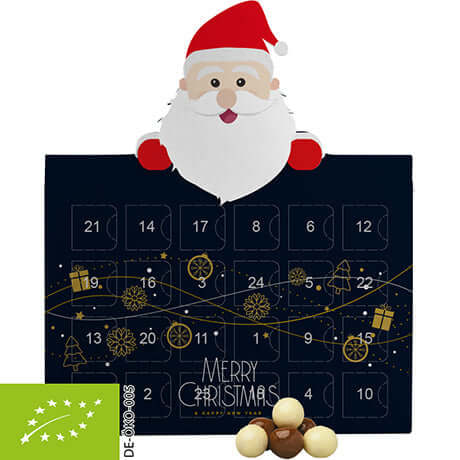Biologische chocolade crunchbolletjes (50 gram) in adventskalender kerstman