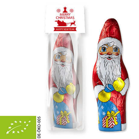 Biologische chocoladekerstman (75 gram) in hoge blokbodemzak met topkaart