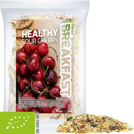 Bedrukte bio muesli zure kers, Express maxi-zakje met etiket (ca. 50g)