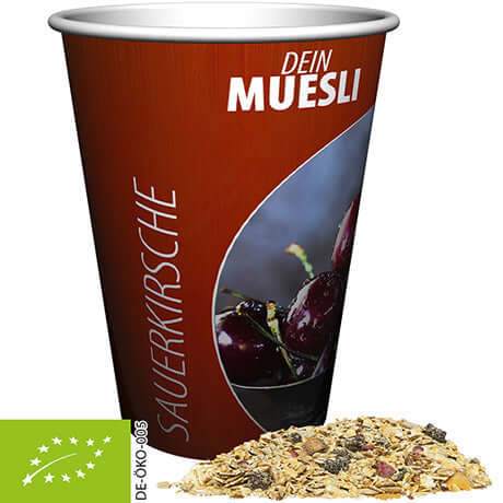 Biologische mueslireep zure kers ca. 50g in bedrukte snackbeker