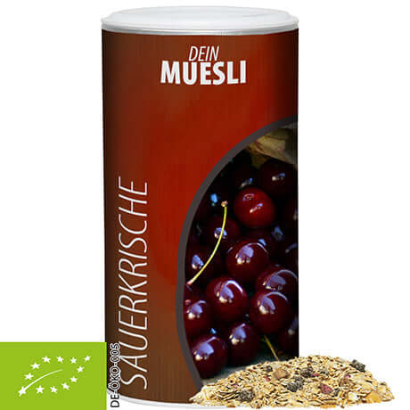 Biologische mueslireep zure kers, verpakking met bedrukte sticker