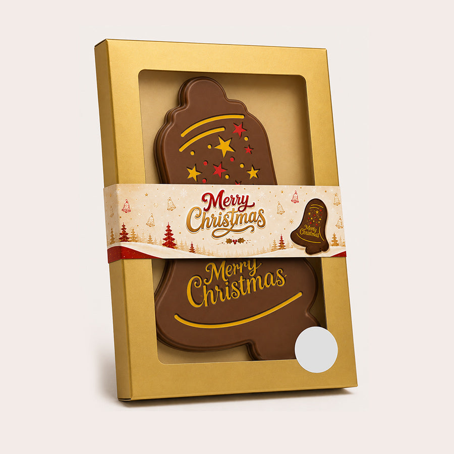 Chocolade kerstboom of kerstbel met eigen tekst (160 gram), vanaf 50 stuks, Kerstbel
