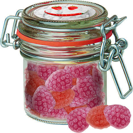 Aardbei-chilisnoepjes (60 gram) in glazen snoeppot