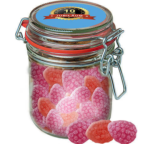 Aardbei-chilisnoepjes (200 gram) in glazen snoeppot